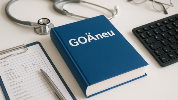 Ein Buch mit dem Titel "GOÄneu" liegt neben einem Stethoskop, einer Tastatur und einem Formular auf einem Tisch