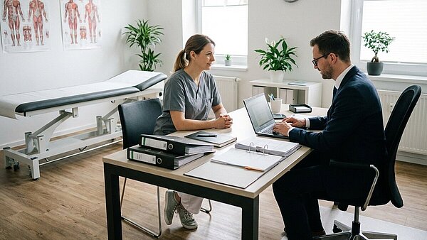 Eine Ärztin und ein Betriebsprüfer unterhalten sich in einer Arztpraxis