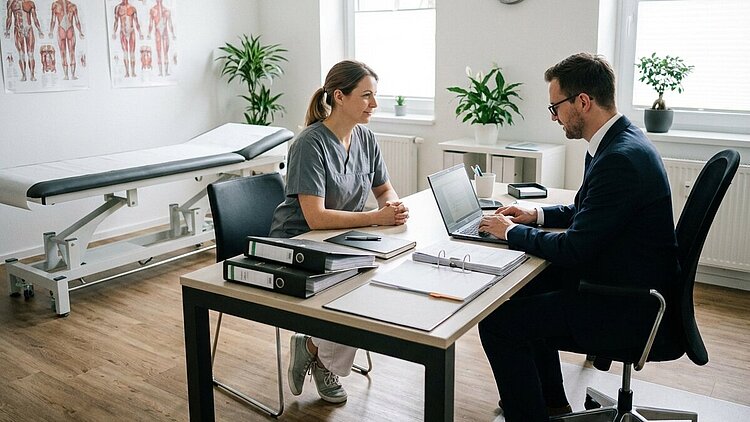 Eine Ärztin und ein Betriebsprüfer unterhalten sich in einer Arztpraxis