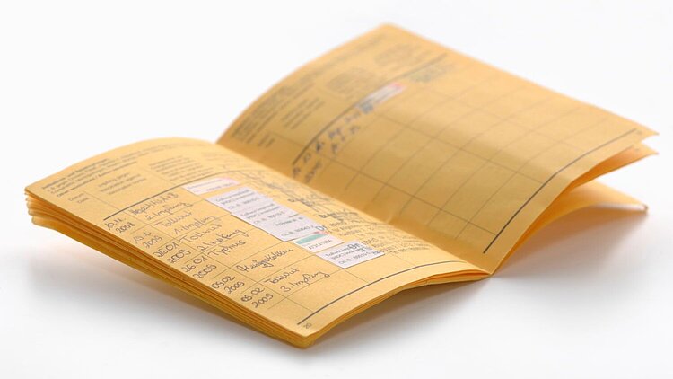 Ein gelber Impfpass mit mehreren Eintragungen